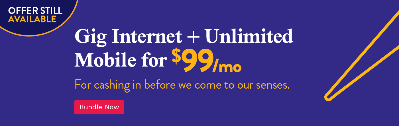 Get 1 gig internet and an unlimited data mobile plan for $99/month.